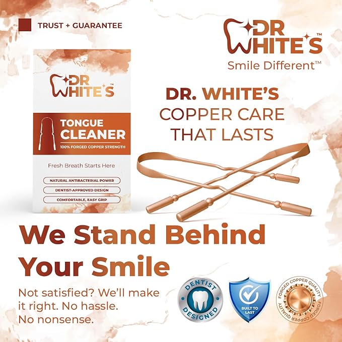 Dr. White’s Copper Tongue Cleaner – Dentist-Formulated Dual-Grip Design for Fresh Breath & Everyday Oral Detox – 100% Forged Copper, For Adults & Kids, Rust-Resistant, Built to Last