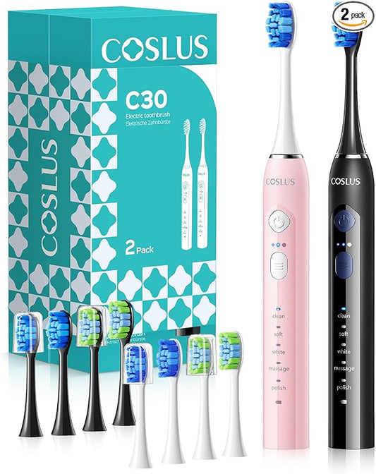 COSLUS Sonic Electric Toothbrush for Adults & Kids: 3 Intensities & 5 Modes Gum-Friendly for Deep Cleaning & Whitening - 2 Types of Heads for Family, Sensitive Teeth, Brace, Black & Pink, 2PCS