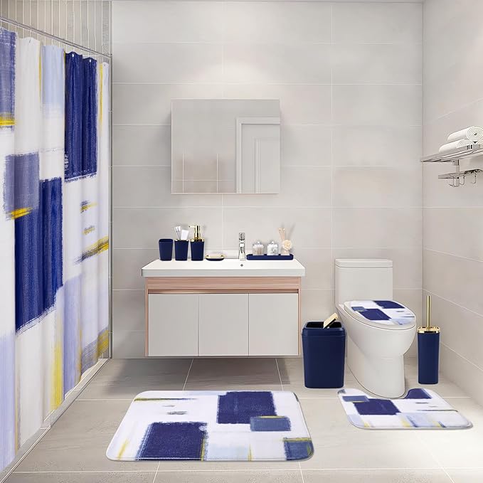 Bathroom Set - Navy Blue and Gold Bathroom Accessories Set, Bathroom Sets with Shower Curtain and Rugs, Blue Shower Curtain Set with Bathroom Trash Can, Soap Dispenser,Soap Dish for Home Decor