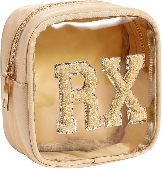 Small Chenille Letter Clear Medicine Makeup Bags,Nylon PVC Waterproof Rx Pouch with Metal Zipper, Cute Drug First Aid Travel Organizer for Women Girls(07Khaki)