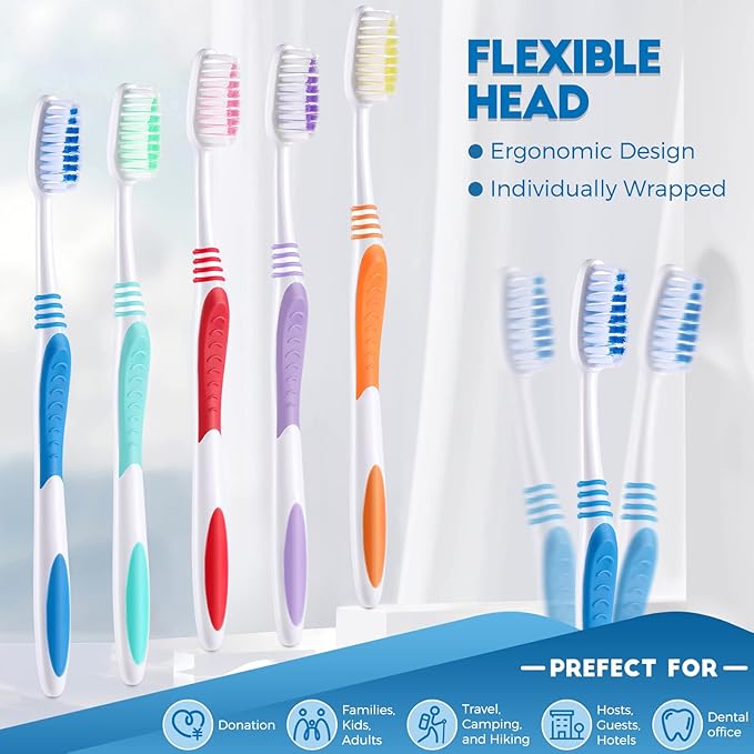 100 Pieces Individually Wrapped Toothbrushes Manual Disposable Travel Toothbrush Medium Soft Bristle Tooth Brush Travel Toothbrushes for Hotel, Guest, Adults, Kids, Multi Color