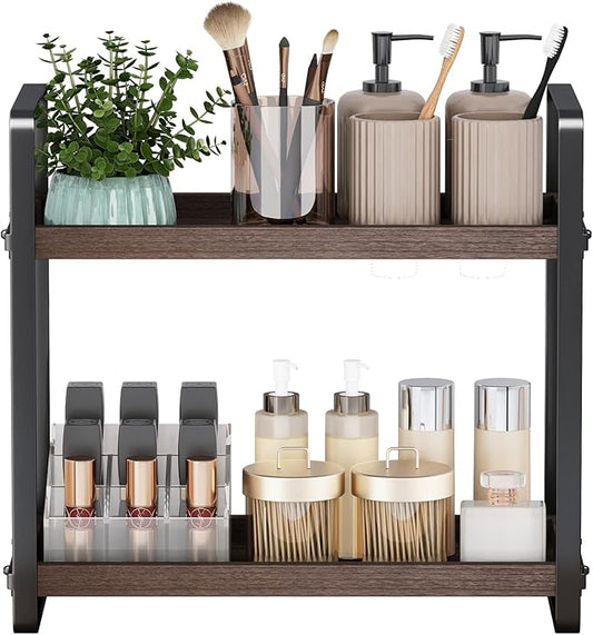2-Tier Wood Bathroom Counter Organizer – Countertop Shelf, Sink Caddy & Makeup Storage, Brown