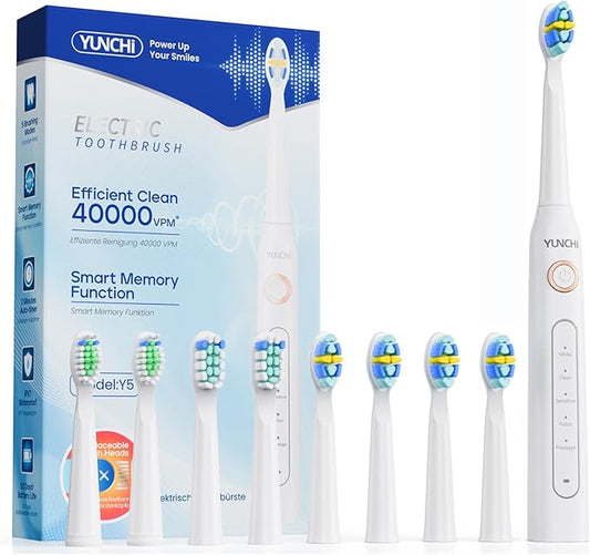 YUNCHI Electric Toothbrush for Adults & Kids, Rechargeable Electric Toothbrush with 8 Brush Heads, 5 Modes & 2 Minutes Smart Timer, Waterproof, One Charge for 30 Days, White