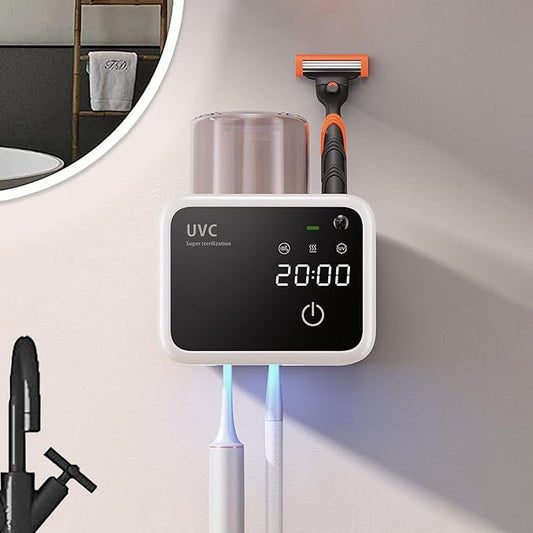 Bathroom Toothbrush Holders-2 Slots 1 Cup,Electric Toothbrush Holder with Constant Temperature Drying, Timed Cleaning, Air Drying, Rechargeable Wall-Mounted Toothbrush Holder with 4000mAh (White)