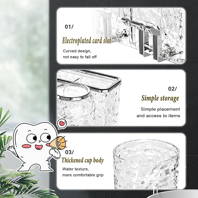 Toothbrush Holders Combo Set for Bathroom，2 Cups Toothbrush Holder Wall Mounted with Organizer，Gift 2 Count Ultra Fine Soft Bristle Crystal Tooth Brush and Wall Mounted Toothpaste Squeezer