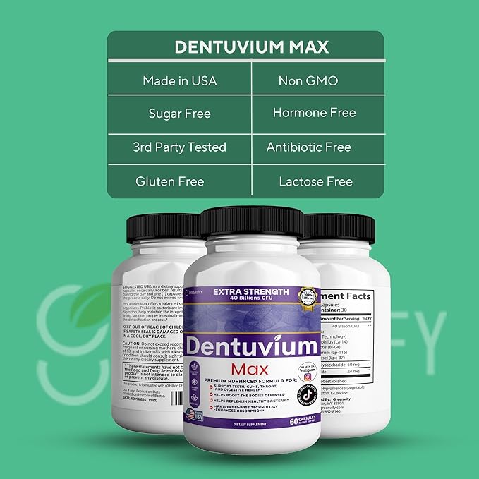 Dentuvium Max Probiotic Supplement - 40 Billion CFU - Supports Teeth Gums Throat Digestive Health - Gluten Free Sugar Free Non-GMO - 60 Capsules (1)