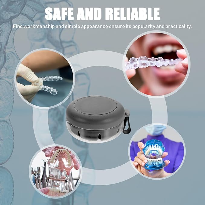 Retainer Case with Mirror and Denture Bath Cup Gray Plastic Orthotic Storage Box Portable Mouth Guard Holder for Travel and Daily Oral Care