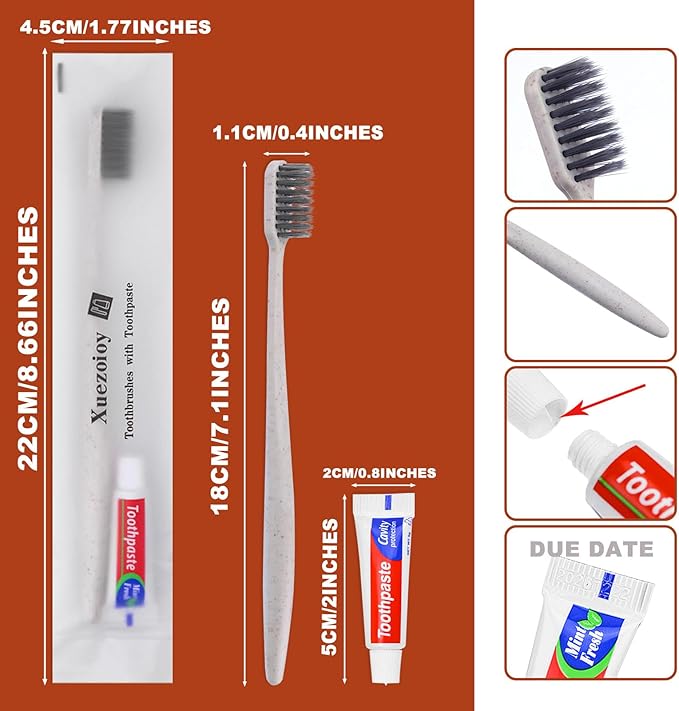 Xuezoioy Disposable Toothbrushes with Toothpaste,30 Pack Apricot Individually Wrapped Disposable Travel Toothbrushes Kit in Bulk for Homeless,Nursing Home,Hotel,Charity