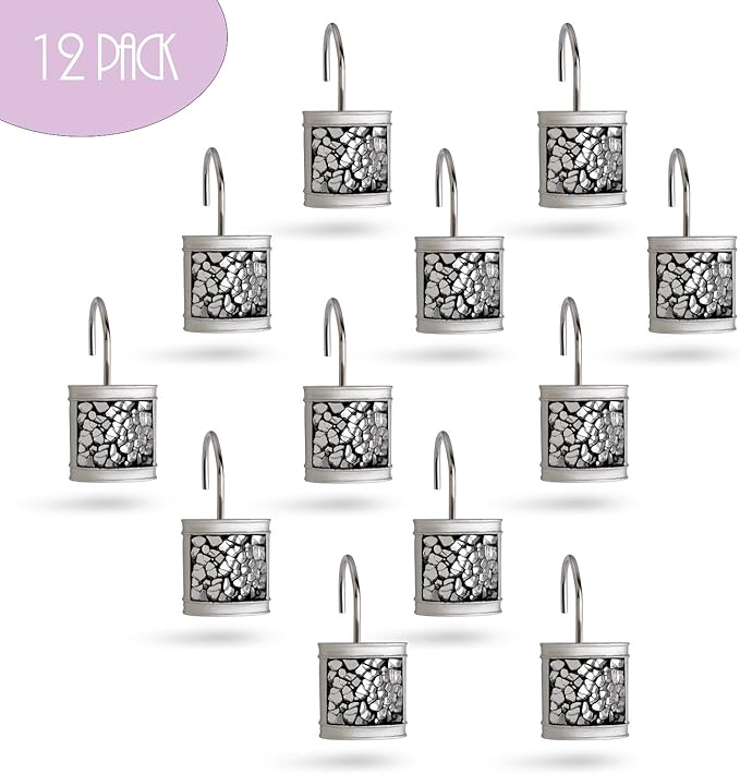 Crackled Glass Silver Shower Curtain Hooks Decorative - Set of 12 Shower Curtain Rings for Bathroom Shower Rod - Elegant Crackled Glass Shower Curtain Hooks