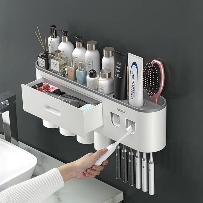 No-Drill Wall Mounted Toothbrush Holder, Bathroom Shelf, with Automatic Toothpaste Dispensers 6 Brush Hooks Magnetic Cups 1 Cosmetic Drawer Organizer and Large Storage (2 Dispensers 3 Cups)