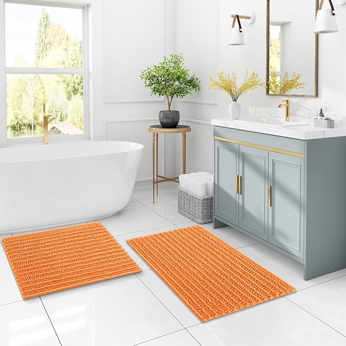 Arotive Luxury Chenille Bathroom Rug Mat, Extra Soft Thick Absorbent Shaggy Bath Rugs, Non-Slip Machine Wash Dry, Plush Bath Mats for Bathroom, Shower and Tub, 60x24, Orange