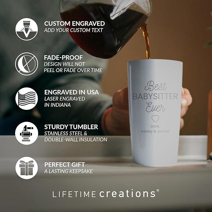 Lifetime Creations Engraved Personalized Best Nanny Ever Stainless Steel Tumbler with Lid 20 oz (White) - Baby Sitter, Daycare Teacher, Caretaker Coffee Travel Mug Gift