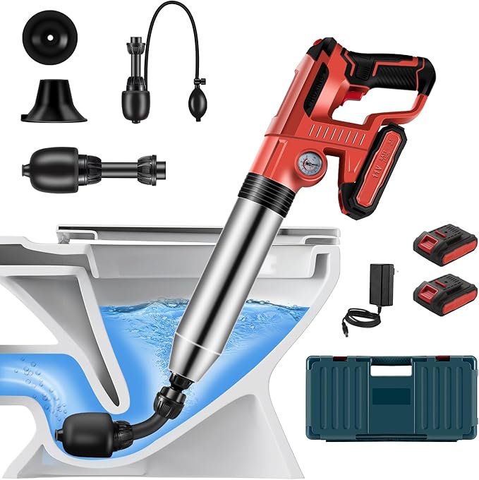 Electric Toilet Plunger with 2 batteries，Drain Clog Remover Tools,High Pressure Air Toilet Plungers Heavy Duty Plunger For Toilet,Bathroom,Floor Drain,Sewer,Pipe，RED