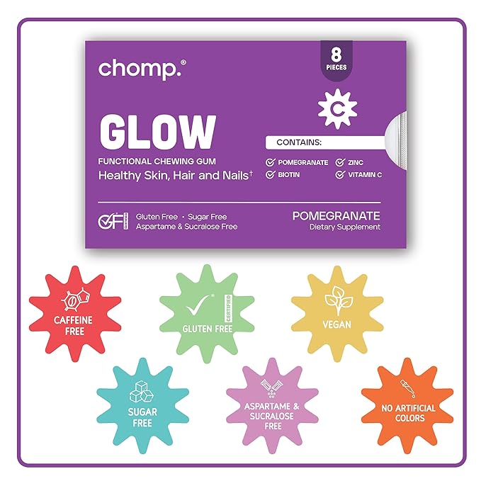 Chomp Gums - Glow - Beauty Gum (1 Pack) - Healthy Chewing Gum - Pomanox + Biotin + Zinc - Supports Healthy Skin, Hair, & Nails - Pomegranate Flavor - Gluten & Sugar Free - Aspartame & Sucralose Free