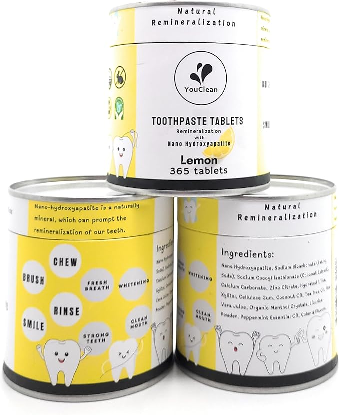 Refill Pack - 365 Toothpaste Tablets - Natural Remineralization & Whitening with Nano Hydroxyapatite - Travel or Daily Use - Fluoride Free (Lemon365)