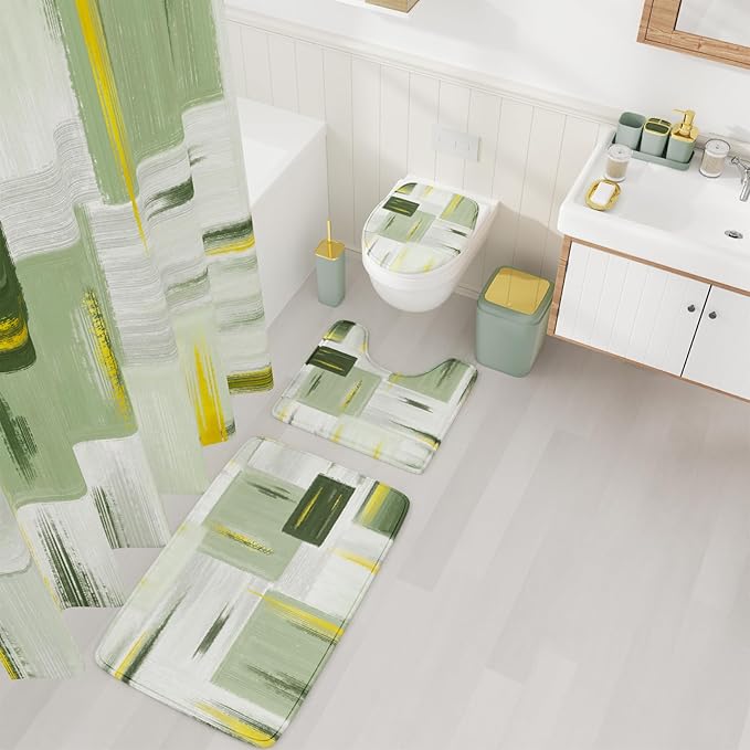 Bathroom Accessories Set - 25PC Bathroom Set with Shower Curtain and Rugs, Sage Green Bathroom Set, Bathroom Accessory Set with Press-on Lid Trash Can, Soap Dispenser and Qtip Holders