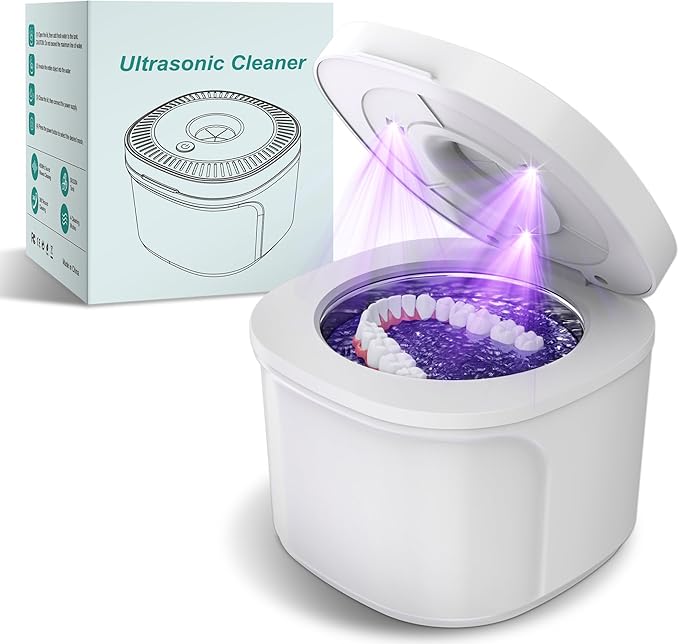 Ultrasonic Retainer Cleaner, Dental Cleaning Pod with U-V Lights, 45kHz Retainer Cleaner Machine for Dentures, Toothbrush Heads, Jewelry, Aligner, Night Mouth Guards (White)