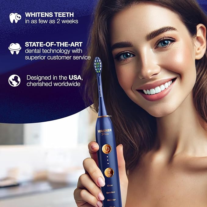 Wagner Stern WHITEN+ Edition. Whitening Electric Toothbrush with Pressure Sensor. Offers 5 Brushing Modes, 3 intensities, 8 Soft Brush Heads, and a Luxury Travel case. (Royal Blue)