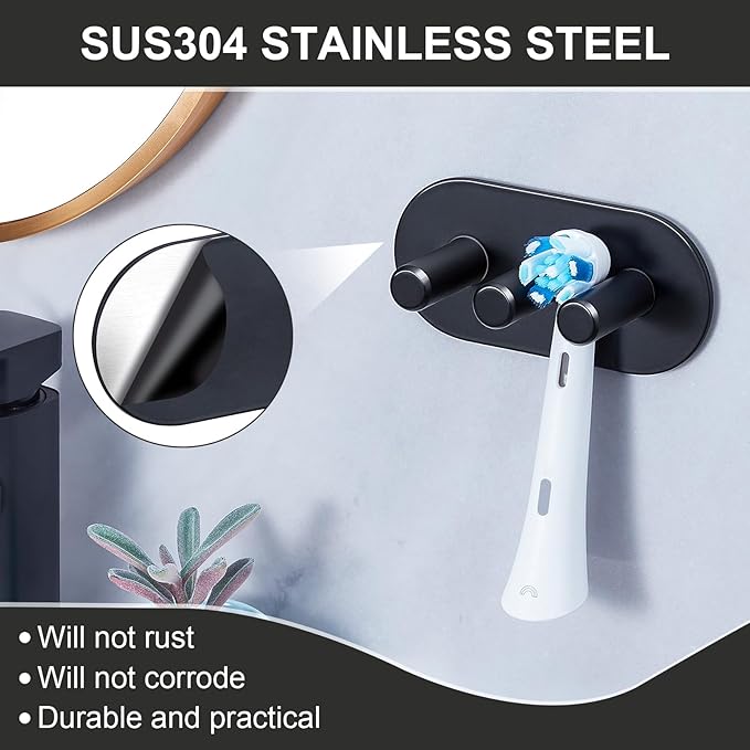 Electric Toothbrush Head Holder, Toothbrush Holders Wall Mounted, Adhesive Tooth Brush Head Holder Organiser, Electric Toothbrushs Holder, Shower Tooth Brushing Holder (Black, Small)