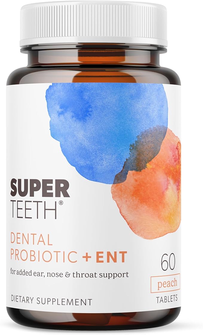 SUPER TEETH Chewable Dental Probiotic + ENT Protection for Kids & Adults | BLIS K12 + M18 Probiotics | Oral Health, Sinus, Throat & Immune Support | 60 Natural Peach Flavored Tablets