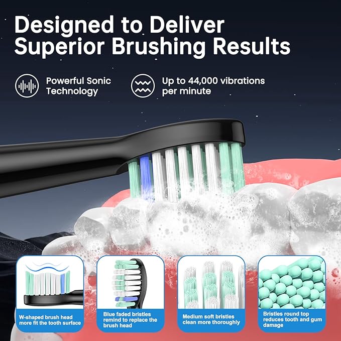 YUNCHI Electric Toothbrush for Adults and Kids, Sonic Rechargeable Toothbrushes with 8 Brush Heads, 1 Travel Case, 90 Days, 2 Min Timer, IPX7 Waterproof, 5 Modes, Type-C, 40000 VPM Motor, Black