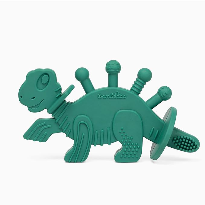 Bambeado Baby Teether Toy and Training Toothbrush: Dibly - The Dino Baby Teething Toys BPA-Free Teethers Inspired by Nature with Natural Rubber Pacifier