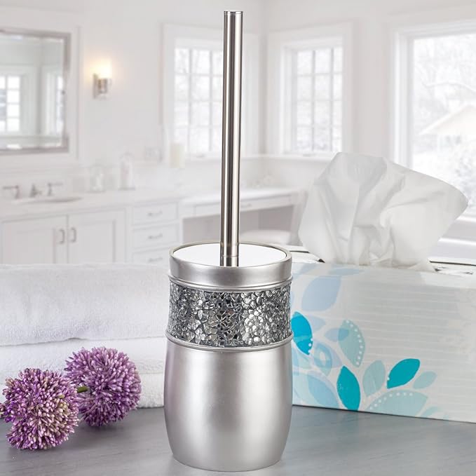 Crackled Glass Silver Bathroom Accessories Set - 6 Piece Bathroom Set Includes: Toilet Brush and Holder Set, Tissue Box Cover, Toothbrush Holder, Soap Dispenser, Soap Dish & Tumbler