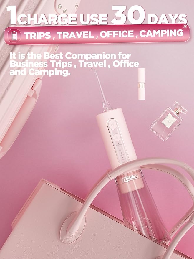 Water Dental Flosser Teeth Pick: Portable Cordless 4 Modes Flossers Pic 300ML Rechargeable Floss Pik Powerful IPX7 Waterproof Oral Irrigator for Cleaning Gum Care Braces for Home Travel (02_Pink)