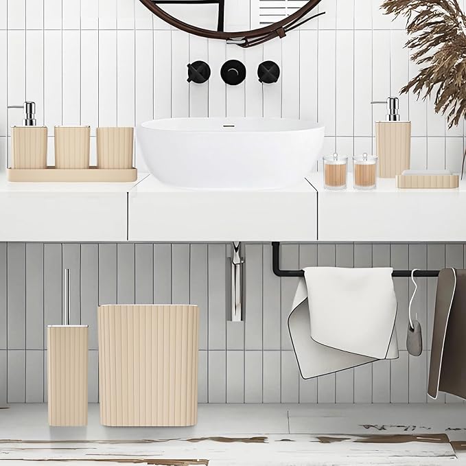 Bathroom Accessories Set - Gorgeous Beige Bathroom Set, 10PC Bathroom Accessory Set, Toilet Brush, Trash Can & Soap Dispenser