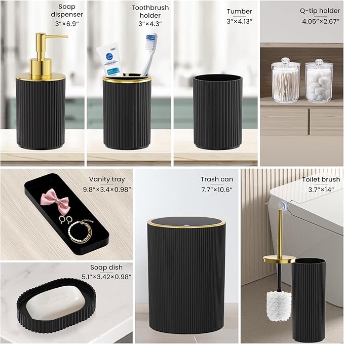 Black Gold Bathroom Accessories Set, 10PC Bathroom Set, Bath Accessory with Pop Up Trash Can, Soap Dispenser, Toilet Brush, Toothbrush Set Qtip Holders & Tray