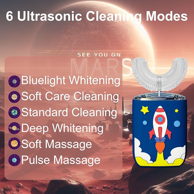 Kids U Shaped Electric Toothbrush Ultrasonic Automatic Brush with 5 Brush Head Rinse Cup 6 Clean Modes IPX7 Waterproof Whole Mouth Rechargeable Smart Timer Toothbrushes for Children Age 8-14