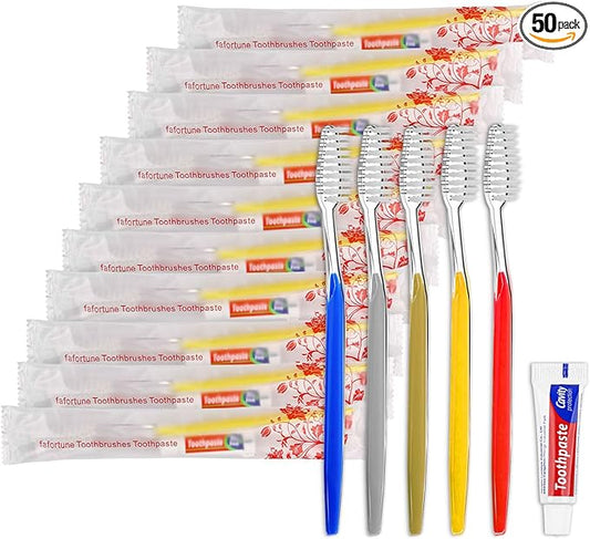 50pcs Disposable Toothbrushes with Toothpaste (5 Colors)