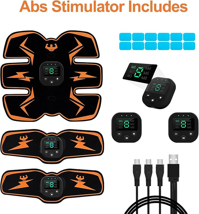 Electronic Muscle Stimulator, Abs Stimulator, EMS Abdominal Muscle Stimulator,Muscle Trainer,USB Rechargeable Gear for Abdomen/Arm/Leg, Ab Stimulator Equipment for Men Women,12 Free Gel Pads