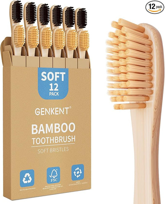GENKENT Bamboo Toothbrushes 12 Pack Natural Toothbrushes BPA Free Soft Bristles Toothbrush Eco Friendly Charcoal Toothbrush for Travel