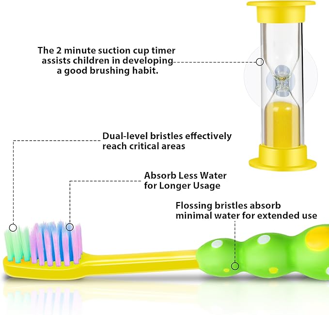 Kids Toothbrush, Toddler Toothbrush Age 2-4 and Older, with Suction Timer, Children Sized Brush Heads (3-10 Year Old), Flossing Bristles, Pack of 4