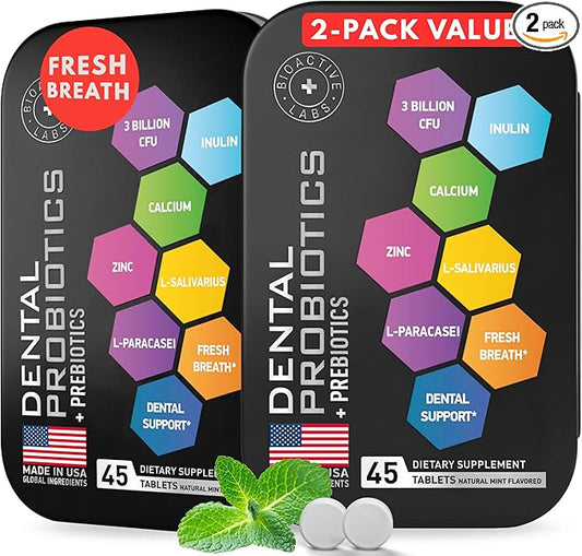 Dental Probiotics for Teeth and Gums - Lactobacillus Salivarius Probiotic and Prebiotic Blend - Best Oral Probiotic for Teeth, Gums and Bad Breath - 90 Natural Mint Tablets in Travel Tins