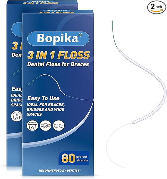 Bopika Dental Floss for Braces, 3 in 1 Ultimate Floss, Floss Threaders for Bridges and Implants, 80 Pre-Cut Strands (Pack of 2)