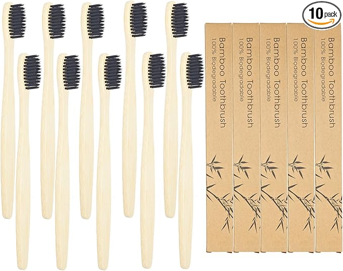 SEVENHEAD 10 PCS Bamboo Toothbrushes Soft Bristles Wooden Toothbrushes for Adult, Natural Biodegradable BPA Free Eco Friendly Toothbrushes Black