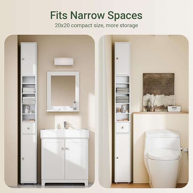 SoBuy Bathroom Narrow Storage Cabinet, Skinny Tall Unit with Adjustable Shelves Slender, Bathroom Organizers and Storage, Anti-Tipping Floor Standing Cupboard Laundry Room, White BZR34-W