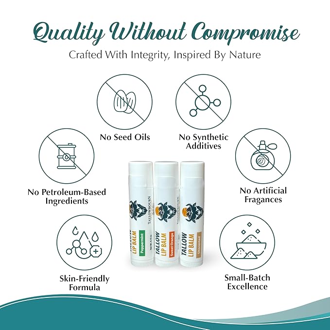 Moisturizing Tallow Lip Balm – Grass-Fed Beef Tallow with Organic Coconut Oil, Beeswax, and Vitamin E – Lip Balm Set – Variety Pack – Travel Essential – 3-Pack