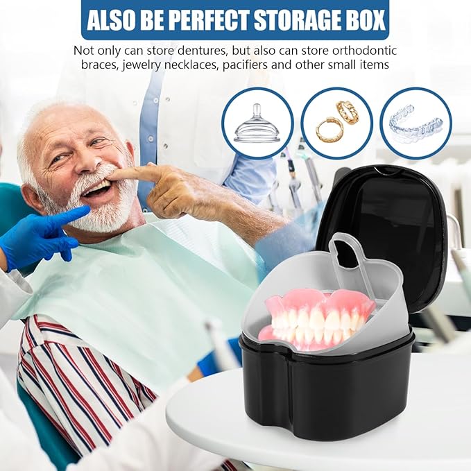 Black Denture Bath Case Cup Box Holder Storage Soak Container with Strainer Basket for Travel Cleaning