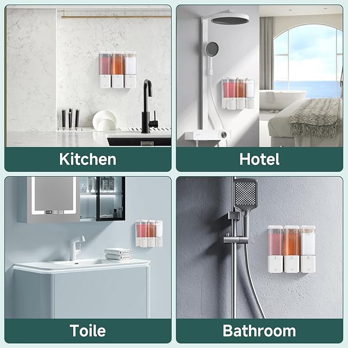 Shampoo and Conditioner Dispenser 3 Chamber No Drill Shampoo Dispenser for Shower Wall Mounted Shower Soap Dispenser 3 * 500ml Refillable Shower Dispenser for Bathroom Hotel(Cream White 3 Chamber)