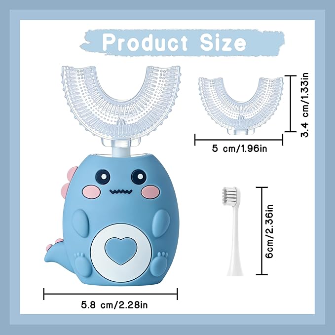 Kids Electric U Shaped Toothbrush, Sonic Automatic Toothbrush Kids with 4 Brush Heads, 3 Cleaning Modes, Cartoon Dinosaur IPX7 Waterproof 360º Round Toddler Electric Toothbrush(Blue, Ages 2-12)