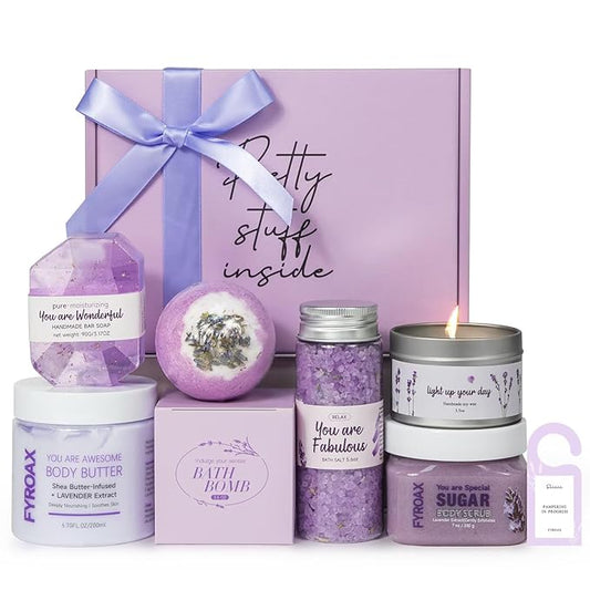 Spa Gifts for Women 7 Pcs Home Spa Kit Lavender Bath Set,Spa Gift Baskets Self Care Gifts Spa Gifts for Women Birthday,Mothers Day Basket Easter Christmas Bath Set