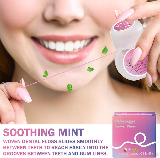 Dr. Emma Woven Dental Floss Coconut Oil Infused Expanding Dental Floss, Oral Care Stretchable Floss, Mint 33yd Pink, Pack of 4