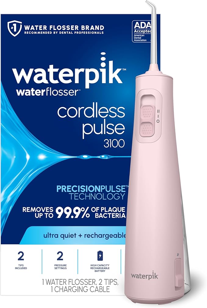 Waterpik Cordless Pulse Rechargeable Portable Water Flosser for Teeth, Gums, Braces Care and Travel with 2 Flossing Tips, Waterproof for Shower Use, ADA Accepted, WF-20 Pink, Packaging May Vary