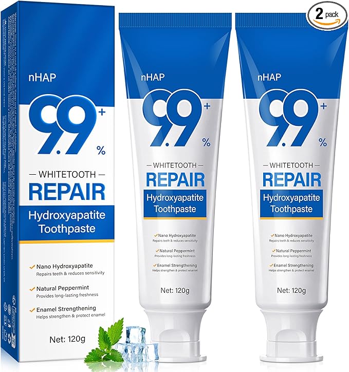 9.9% Hydroxyapatite Toothpaste - 2 Pack, Protects Enamel and Strengthens Teeth, Cleans and Cares for Oral Health, Freshens Breath, Non-Irritating, Natural and Safe, 8.46 Oz