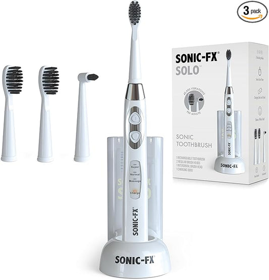 Sonic-FX Solo Sonic 3 Brushing Modes Toothbrush with Smart Timer, Rechargeable Charging Dock | Electric 1 Interdental and 2 Tooth Brush Heads Toothbrush Includes Replacement of Heads, White