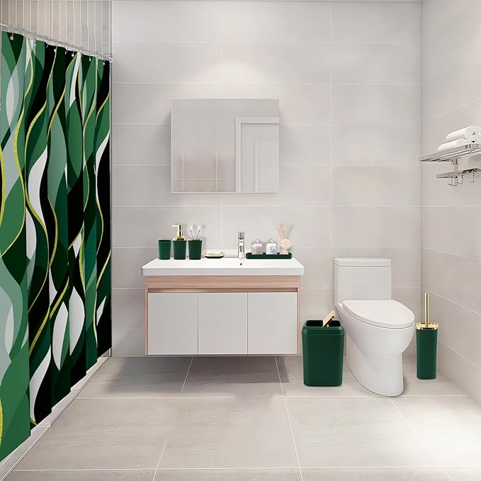 Green Bathroom Set, Bathroom Sets with Stripe Shower Curtain, Green and Gold Bathroom Accessories with Trash Can, Soap Dispenser, Soap Dish, Toilet Brush Holder, Qtip Holders for Bathroom