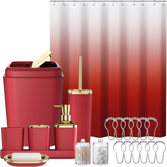 Bathroom Set – Burgundy Bathroom Accessories with Ombre Shower Curtain, Bathroom Accessories Set with Trash Can Soap Dispenser Soap Dish for Home